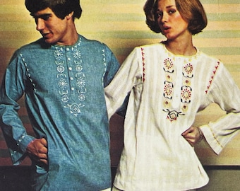 Simplicity 6380 - 1970s Caftan Style Pullover Shirt Pattern with Embroidery Transfer - Size 16 (38") - Uncut (FF)