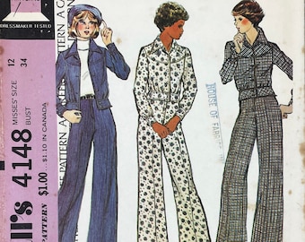 McCall's 4148 - 1970s High Waisted Wide Legged Pants and Eisenhower Battle Jacket Pattern - Size 12 (34") - Uncut (FF)