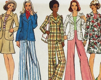 Simplicity 5571 - 1970s Puff Sleeve Jacket, High Waisted Pants and Mini Skirt Pattern - Size 14 (36") - Uncut (FF)