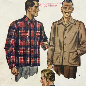 May include: Vintage illustration of men's shirts and jackets. One man is wearing a red, blue, and black plaid shirt. Another man is wearing a tan jacket with large pockets. The image is a vintage advertisement.