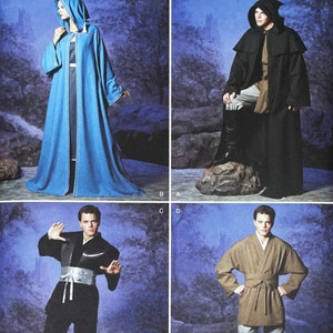 May include: Four different styles of robes, two in blue, one in black, and one in brown. The robes are all long and flowing, with hoods. The robes are shown on mannequins against a blue background.