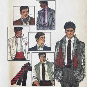 Peut inclure: Une collection d'illustrations de mode présentant diverses tenues, notamment des blazers, des chemises habillées, des cravates, des nœuds papillon et une ceinture de smoking. Les dessins numérotés de un à huit montrent des tenues formelles.