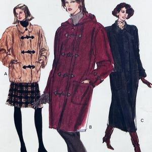 May include: A fashion illustration showing three coat designs labelled A, B, and C. Design A is a tan textured jacket, B is a long hooded burgundy coat with toggle closures, and C is a long black coat. Each coat features large patch pockets.