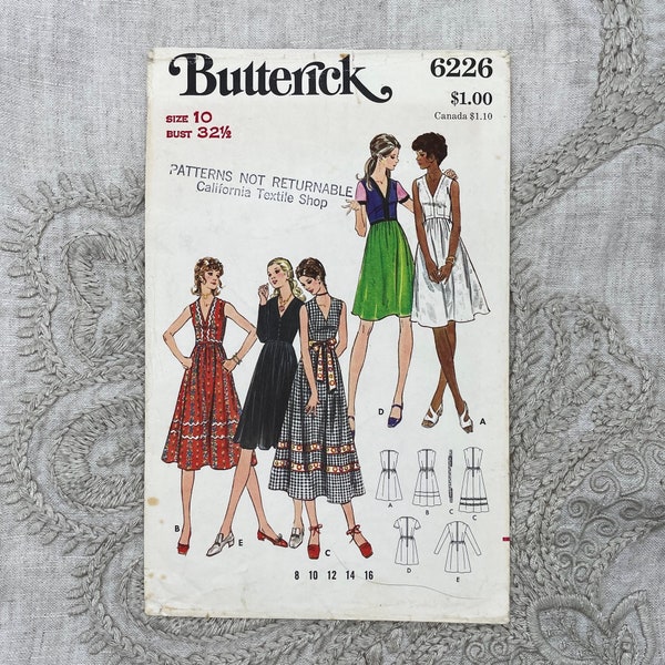 Butterick 6226 - 1970s V-Neck Dress Pattern with Raised Waistline and Gathered Skirt - Size 10 (32.5") - Cut