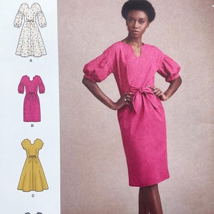 May include: A woman wearing a bright pink dress with a V-neckline, short, puffy sleeves, and a tie-waist. The image also shows illustrations of dress patterns, including a floral print dress and a yellow dress.