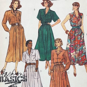 May include: A sewing pattern illustration featuring five variations of a collared dress with button-front closures, belted waists, and pockets. The designs include long and short sleeve options in solid tan, green, white, and a vibrant floral print.