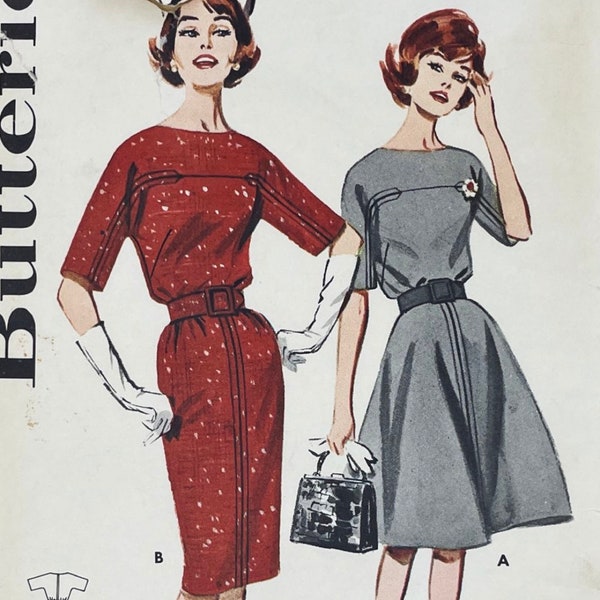 Butterick 2415 - (Missing Facing) 1960s Welt Seamed Dress with Slim or Flared Skirt Pattern - Size 16 (36") - Cut (Missing #8 Neck Facing)