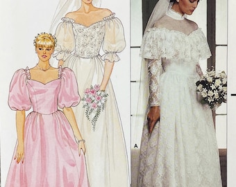 Butterick 6393 Off the Shoulder Wedding Gown Sewing Pattern with Basque Waist and Puffed Sleeves or Ruffles - Size 10 (B32.5") Uncut