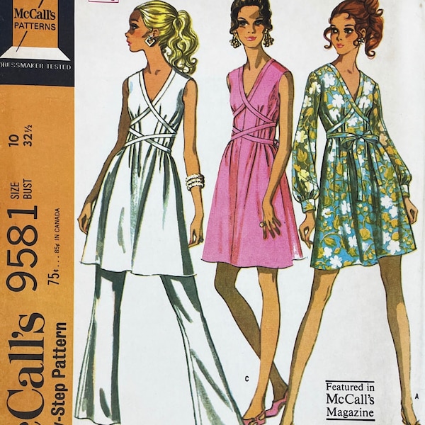 McCall's 9581 - 1960s Wrapped Waist Goddess Dress and Pants Pattern - Size 10 (32.5") or Size 12 (34") - Uncut and Cut Options