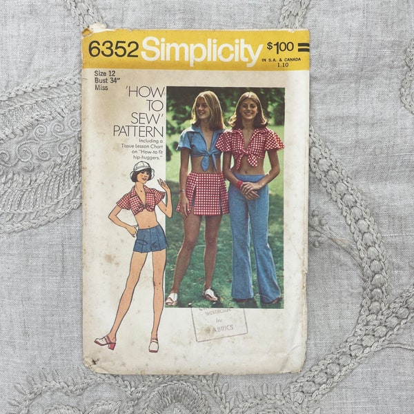 Simplicity 6352 - 1970s Hip Hugger Bell Bottom Pants , Shorts, Mini Skirt and Midriff Shirt Pattern - Size 12 (34") - Cut