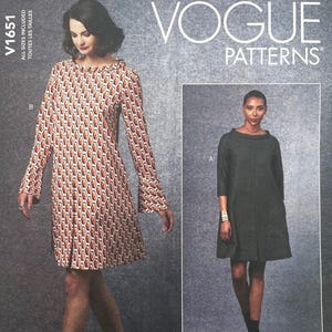 May include: Vogue Patterns V1651 sewing pattern envelope featuring two dress variations. View B shows a long-sleeved dress with a geometric orange, brown, and white pattern. View A shows a solid dark gray dress with three-quarter length sleeves.