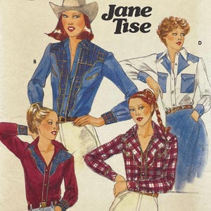 May include: A sewing pattern illustration by Jane Tise featuring four variations of long-sleeved button-down shirts with western-style yokes. The designs include a blue plaid shirt, a white shirt with blue yokes, a red shirt, and a red plaid shirt.
