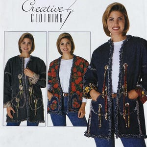 May include: Image of a sewing pattern for Creative Clothing. The pattern features three different denim jackets with fringe trim and decorative embellishments. One jacket has a floral print lining and another has a red apple print.