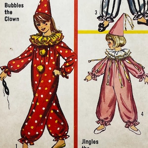May include: Illustration of two clown costumes. One is red with white polka dots, a yellow ruffled collar, and a matching hat. The other is pink with a white ruffled collar and a matching hat. Text reads "Bubbles the Clown" and "Jingles the Clown."