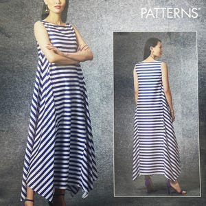 May include: A sleeveless floor-length dress featuring a blue and white horizontal striped pattern on the bodice and a diagonal striped pattern on the skirt. The garment has a round neckline and an asymmetrical hemline, shown from front and back views.
