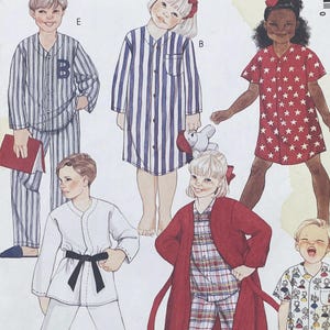 May include: A sewing pattern illustration featuring children's sleepwear and loungewear. Designs include a striped pajama set with a letter B, a striped nightshirt, a red star-print nightshirt, a white martial arts uniform, a plaid robe, and pajamas.