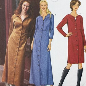 May include: A sewing pattern illustration featuring three variations of a button-front dress. One version is floor-length in tan, another is floor-length in blue, and the third is knee-length in red, all with long sleeves and a central button placket.