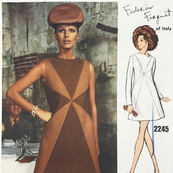 Vogue 2245 - Federico Forquet Late 1960s Mod A-Line Mini Dress Pattern with Pinwheel Color Blocking - Size 8 (31 1/2") - Uncut