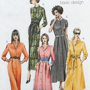 May include: A sewing pattern illustration featuring five shirt dresses labeled A, C, D, and E. Styles include a solid orange dress, a green patterned dress with a black sash, a pink ombre dress, a black and white gingham dress, and a yellow dress.