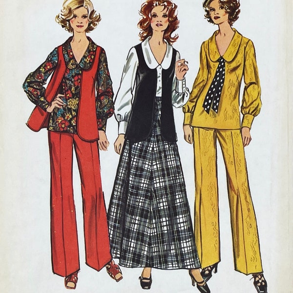 Simplicity 5302 - 1970s Collared V-Neck Blouse, Vest, Skirt and Pants Pattern - Size 16 (38") - Uncut (Refolded)