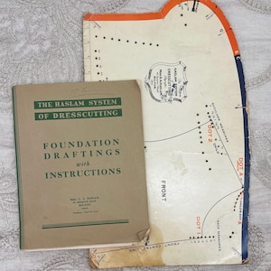 以下が含まれることがあります： 「The Haslam System of Dresscutting Foundation Draftings with Instructions」と題された茶色の説明用小冊子と、オレンジと青の縁取りがある大きな曲線状のオフホワイトの紙製型紙。型紙には印刷された目印、点、文字が含まれています。