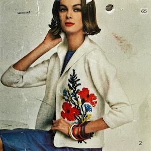 Ladies' Home Journal 2965 - Rzadki dzianinowy biały kardigan z wzorem kwiatów polnych - Rozmiar 32-38 - Oryginalny wzór ulotki