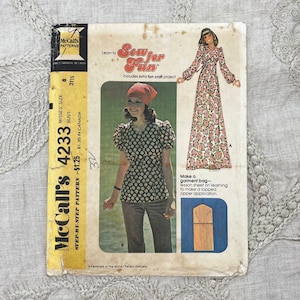 McCall's 4233 1970s Puff Sleeve Boho Blouse and Dress Pattern with Garment Bag Pattern Size 8 31.5 Uncut FF image 1