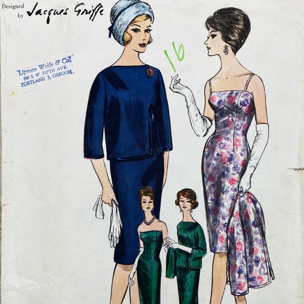 Vogue 1062 - (Missing Facing) Jacques Griffe 1960s Paris Original Bra Dress and Overblouse Pattern - Size 16 (36") - Cut (Missing Facing)
