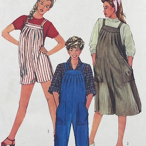 May include: A sewing pattern illustration featuring three garment styles: a red and white striped short overall, a solid blue long overall with two front pockets, and a solid olive green pinafore dress with two large front pockets.