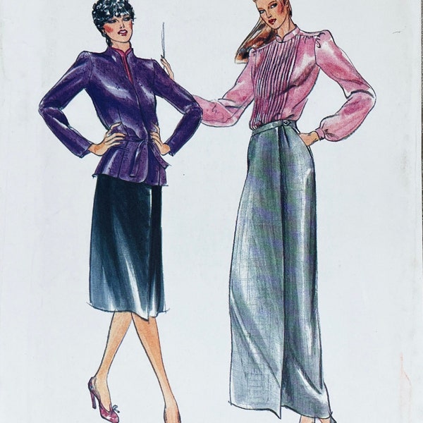 Butterick 3326 - 1980s Evan-Picone Funnel Jacket, Mandarin Tucked Blouse and Wrap Skirt Pattern - Size 8 (31.5") - Uncut (FF)
