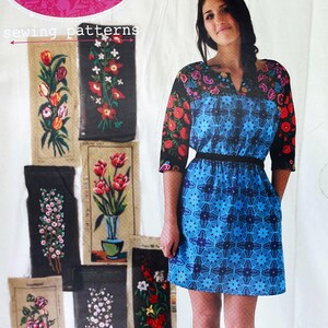 May include: A woman wearing a blue patterned dress with a black belt and floral sleeves. The image also shows several embroidered floral panels, with the text "sewing patterns" at the top.