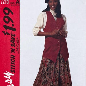 May include: A woman wearing a red vest over a white long-sleeved shirt and a paisley print skirt. The vest has buttons down the front. The image is a McCall's sewing pattern.