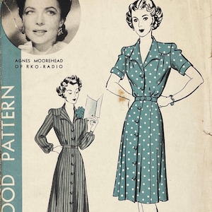 Hollywood Pattern 1010 Original 1940s Agnes Moorehead Shirtwaist Dress Pattern Size 14 32 Factory Cut image 1