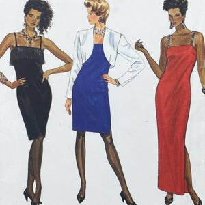 Puede incluir: Una ilustración de moda que muestra tres vestidos: un vestido negro hasta la rodilla con flecos, un vestido azul hasta la rodilla con una chaqueta corta blanca y un vestido rojo largo hasta el suelo con tirantes adornados y una abertura lateral.