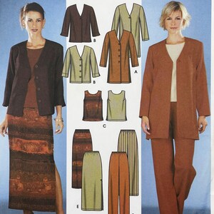 May include: A sewing pattern envelope featuring illustrations of jackets, tank tops, skirts, and trousers in various lengths and colors. The designs include V-neck jackets with button closures, sleeveless tops, long skirts, and straight-leg pants.