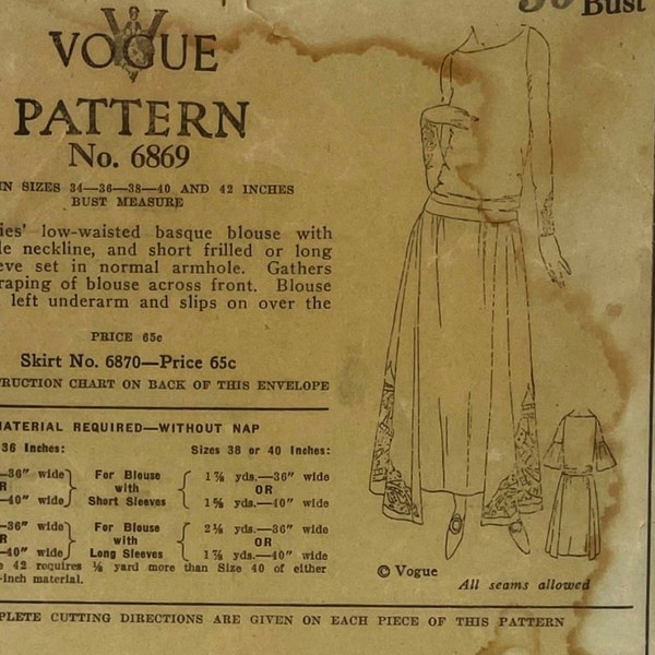 Vogue 6869 - Original 1920s Low Waisted Basque Blouse Pattern - Size 38" - Complete