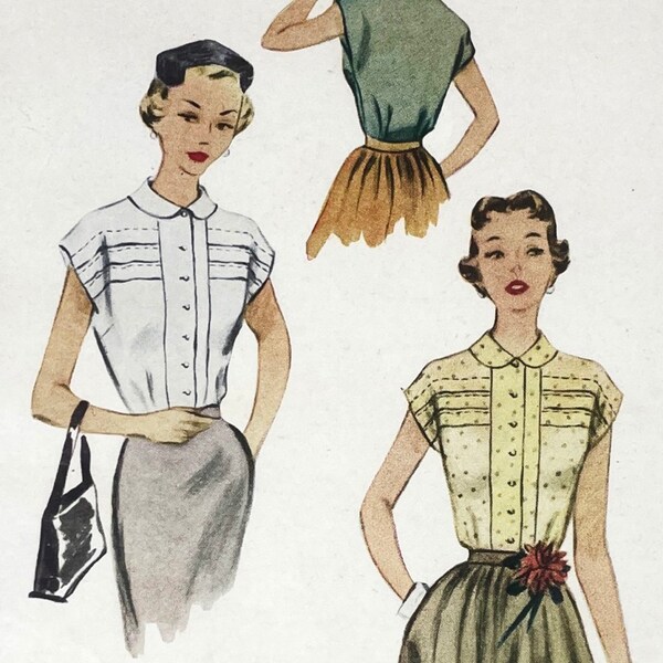 McCall 8495 - Early 1950s Peter Pan Blouse with Cap Sleeves and Tuck Details - Size 16 (34") - Uncut (Refolded)