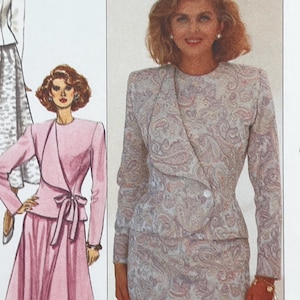 May include: A sewing pattern illustration featuring a two-piece outfit with a long-sleeved blazer and a matching skirt. The blazer has a wrap-style front with a single button closure, a high neckline, and a detailed paisley pattern in muted tones.