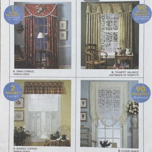 May include: A four-panel display of window treatments including a red floral swag cornice, a green trumpet valance, a plaid banded topper, and a white lace cloud shade. Each panel features text indicating the time required for assembly.