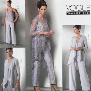May include: A Vogue Wardrobe sewing pattern envelope featuring various garment combinations including a sleeveless top, straight-leg trousers, and a long-sleeved lace jacket. The designs are shown in shades of light gray and lavender with floral lace details.