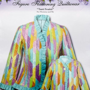 May include: Two quilted jackets featuring a multi-colored diagonal striped pattern in yellow, purple, green, and light blue. Both jackets have a solid light blue ruffled collar and hem. The text reads Figure Flattering Quiltwear Tutti Fruitti.