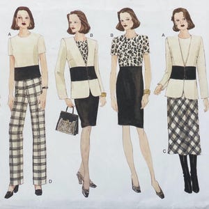 May include: Fashion illustration featuring four different outfits. The outfits include a cream-colored top with a black band, paired with plaid pants or a skirt. Other outfits include a black skirt and a cream-colored blazer with a black band.