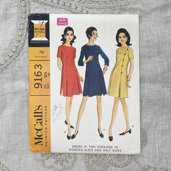McCall's 9163 - 1960s Mod Scooter Dress Pattern with Inverted Pleats - Size 12 1/2 (35") - Cut