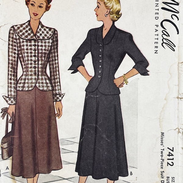 McCall 7412 - Original 1940s Skirt Suit Pattern - Size 18 (36") - Factory Cut (Refolded)