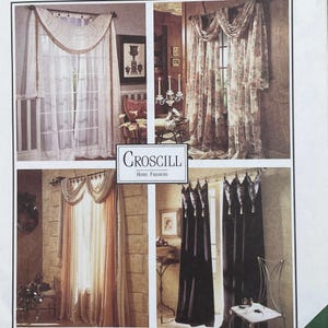 May include: A collage of four window treatment displays by Croscill Home Fashions. The images feature various curtain styles, including sheer white panels with swags, floral print drapes, solid peach-toned curtains, and dark solid panels with tassels.