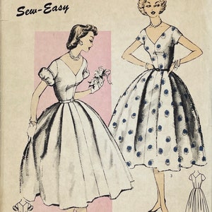 Advance 6652 - 1950s Edna Bishop Unusually Puffed Sleeve, Elegant V-Neck Dress Pattern - Size 15 (33") - Factory Cut