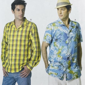 May include: Two button-down shirts are displayed. One is yellow with a plaid pattern, and the other is blue with a tropical floral print. The shirts are part of a clothing pattern.