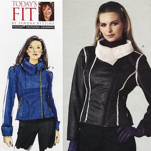 May include: A Vogue Patterns original sewing pattern featuring two jacket designs. One jacket is black with white trim and a white collar. The other jacket is blue with a high collar and gold zipper. The pattern is titled "Today's Fit".