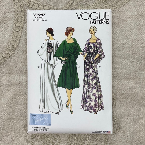 Vogue 1947 - Reissued 1970s Tent Shaped Evening Dress Pattern with Attached Bias Cape - Size 8-16 - Uncut (FF)