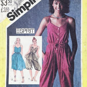 May include: Vintage Simplicity sewing pattern featuring a woman in a pink jumpsuit. The pattern includes illustrations of two other jumpsuit designs. The word "Esprit" is printed on the pattern.